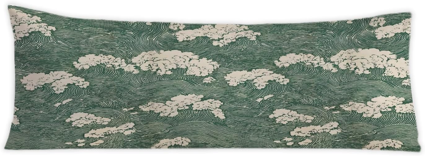 Japanese Waves 20x54 Body Pillow Cover, Japandi Home Decor, Traditional Oriental Forest Green Sea Waves Decorative Long Body Pillow Cases…