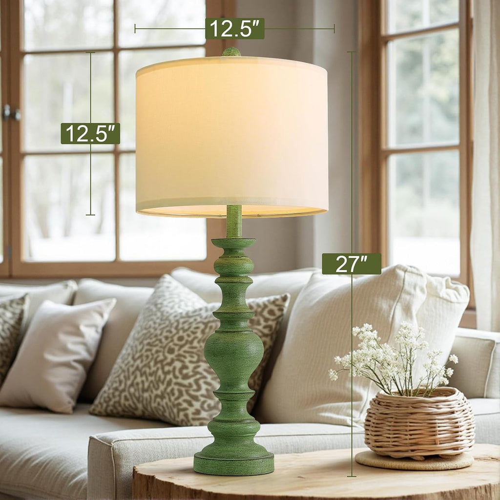 BOBOMOMO 27" Sage Green Table Lamps Set of 2, Large Farmhouse Resin Lamps with Linen Shades, Green Vintage Lamps for Living Room…