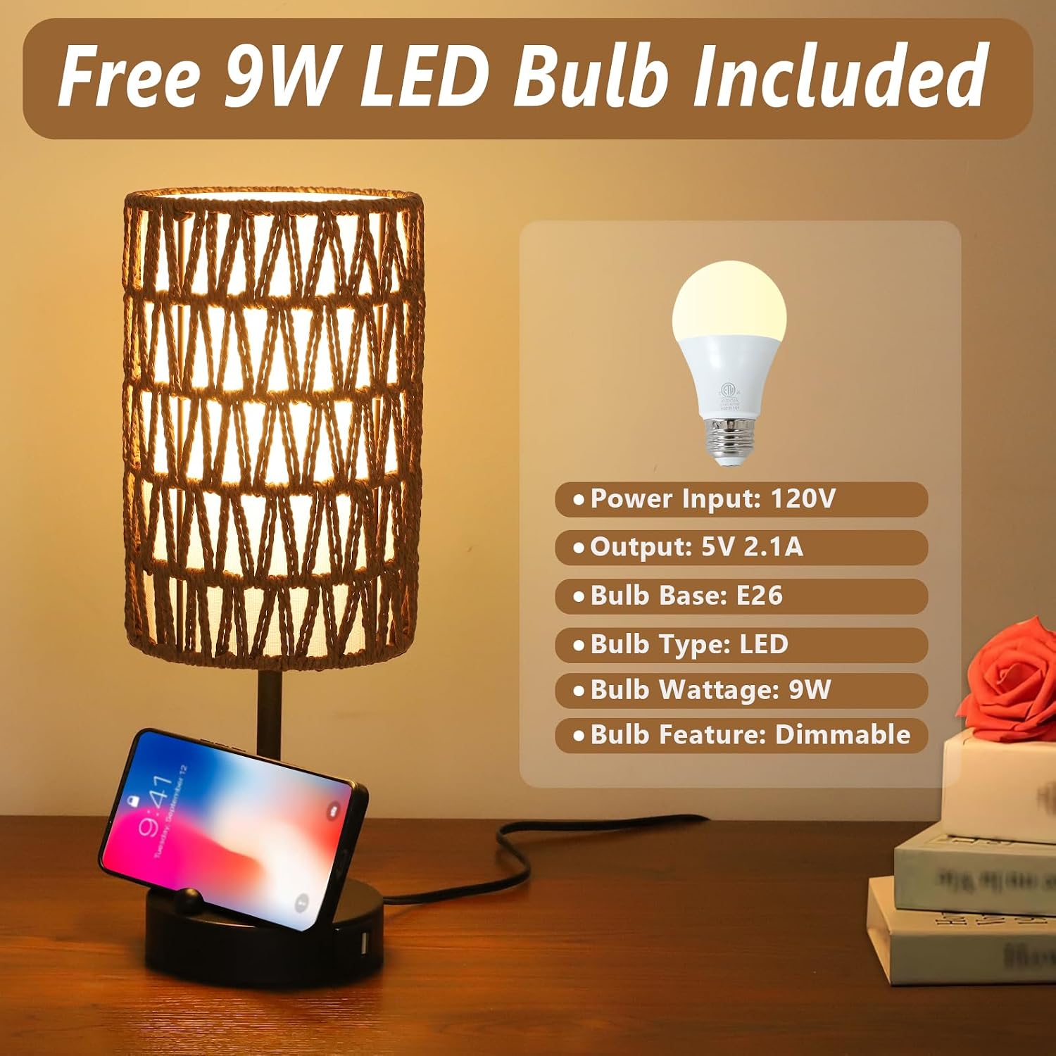 Bedside Lamps Set of 2, Touch Control Night Stand Lamp for Bedroom with Rattan & Linen Shade & Bulbs, 3 Way Dimmable Small Boho Table…