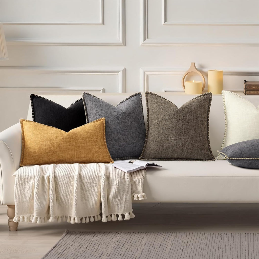 decorUhome Summer Decorative Throw Pillow Covers 12x20 Set of 2 Lumbar Faux Linen Farmhouse Pillow Covers with Stitched Edge Outdoor…