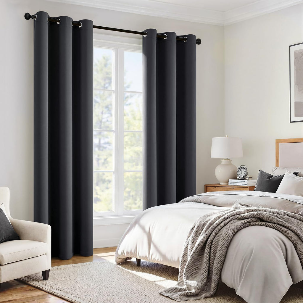 Miulee Grey 100% Blackout Curtains for Bedroom 84 Inch Long, 2 Thick Layers Thermal Insulated Black Out Window Curtains with Black Liner, N…