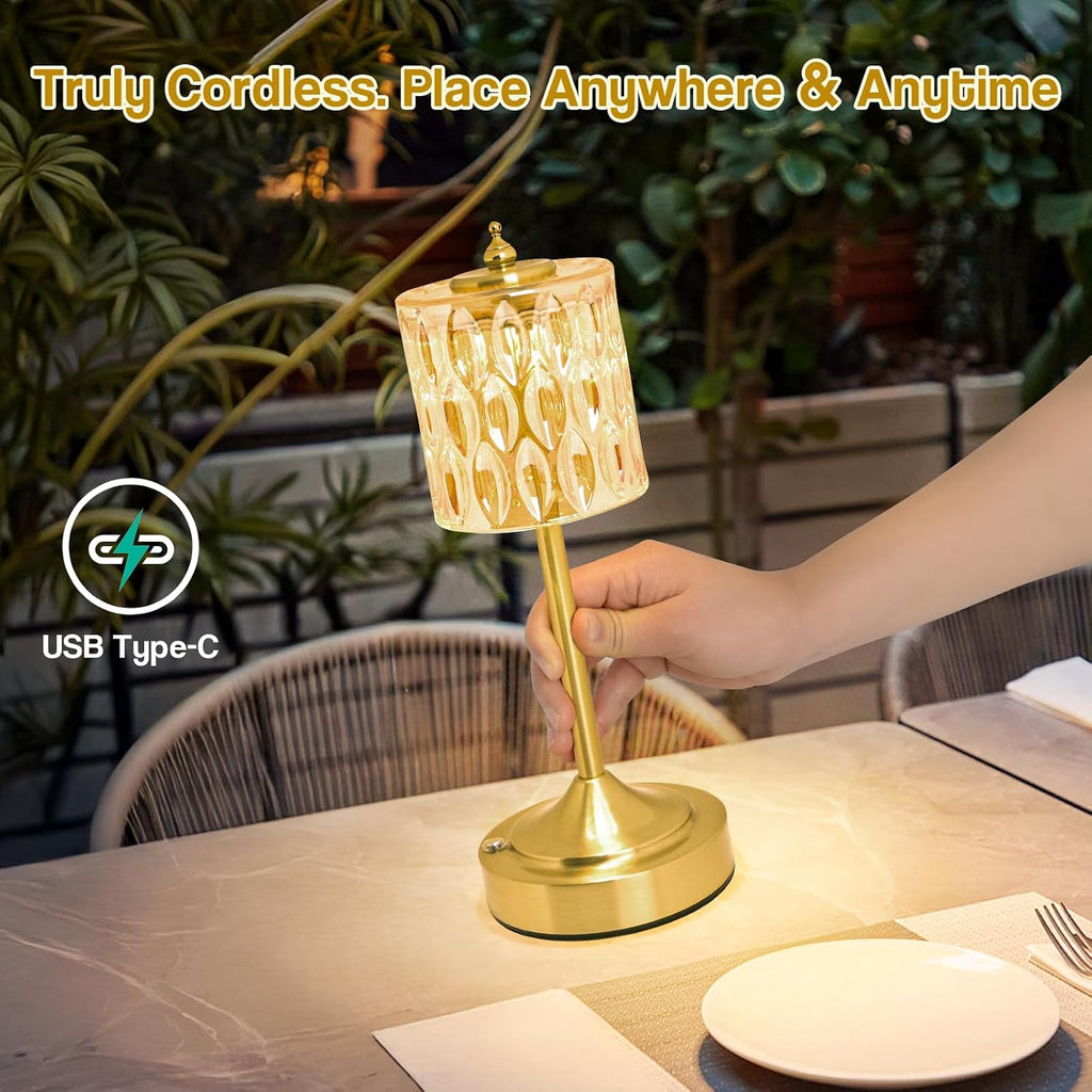 Cordless Crystal Table Lamp, 5200mAh Rechargeable Battery, 3 Color Dimmable Touch Control, Portable Vintage Gold Desk Lamp for Bedroom…