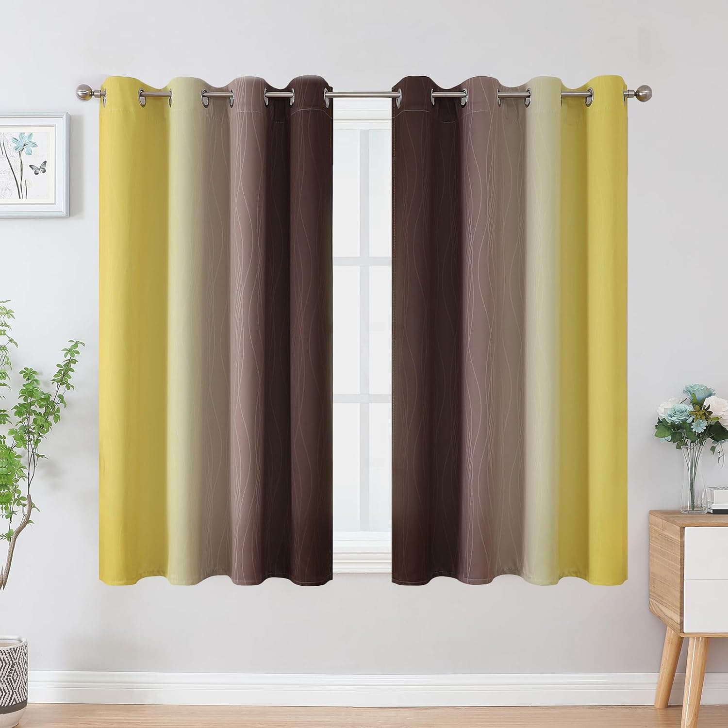Estelartextiler Estelar Textiler Yellow and Brown Blackout Curtains, Full Light Blocking Gradient Grommet Drapes for Living Room, Thermal I…