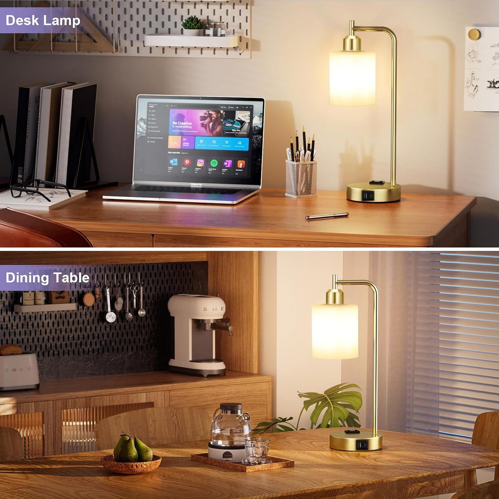 Innqoo Industrial Gold Table Lamps for Bedrooms Set of 2-3-Way Dimmable Desk Lamp with USB C+A Ports and Outlet, Gold Lamps with Opal…