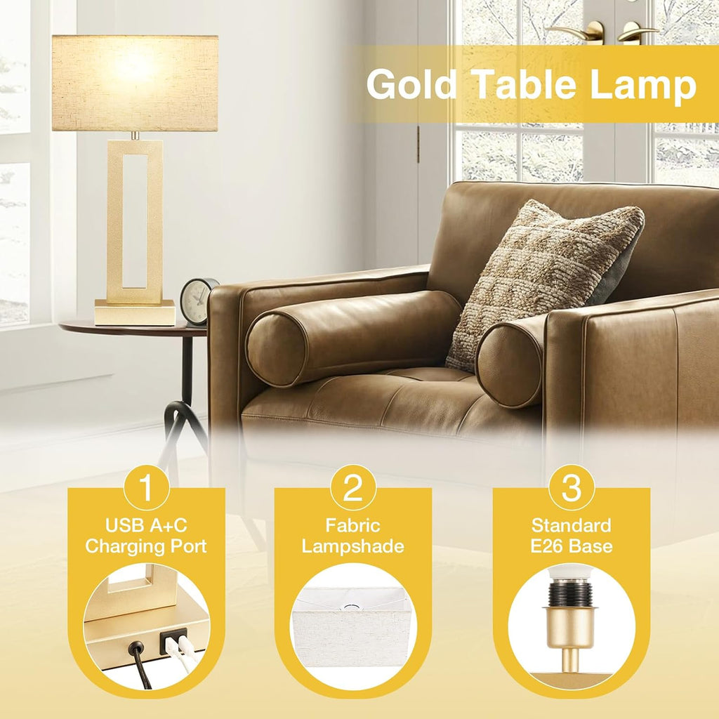 Seealle 22" Tall Bedroom Lamps for Living Room - Touch Gold Bedside Lamps with USB C+A, 3 Way Dimmable Lamp for Nightstand, Modern Night…