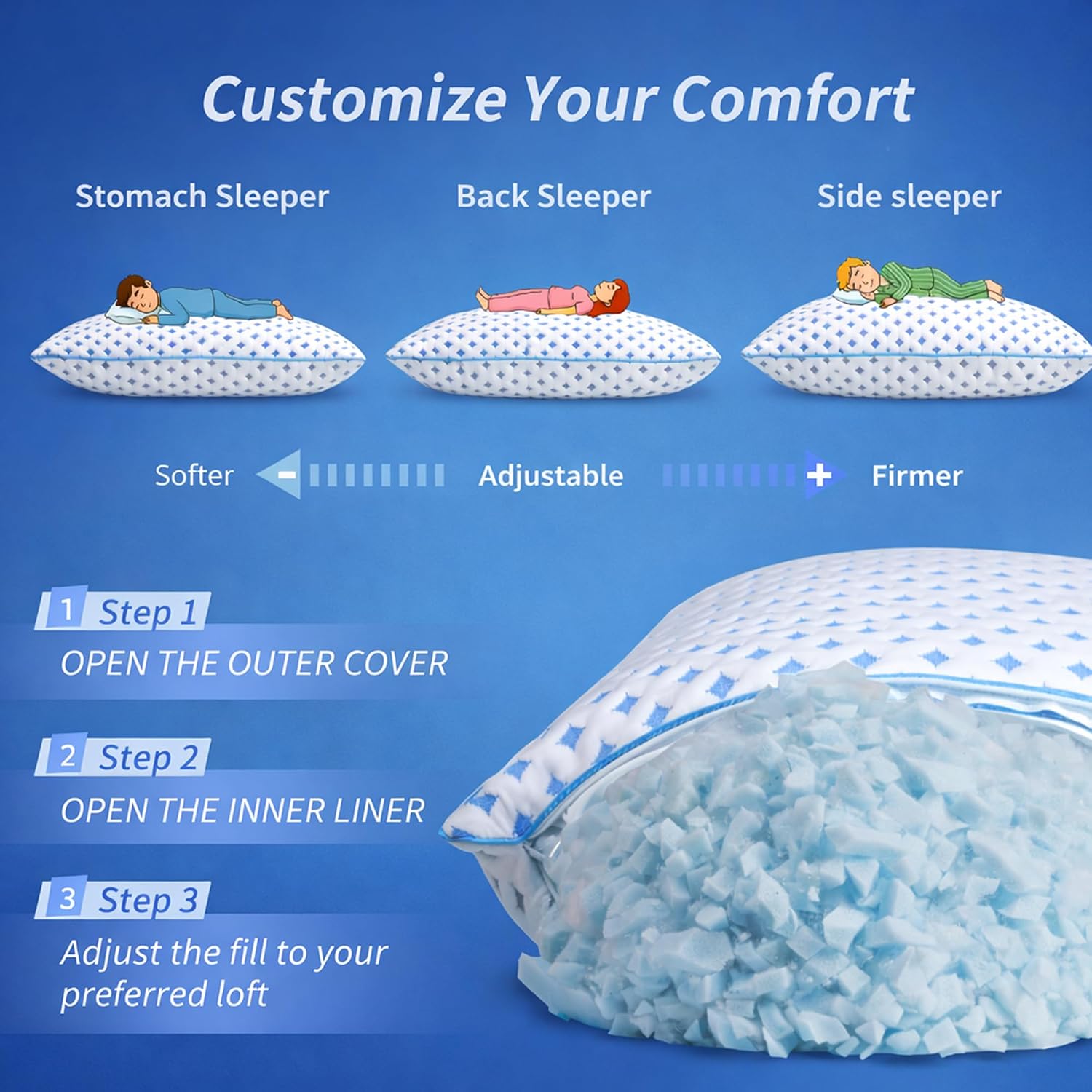 ezepilw Queen Size Pillow 1 Pack for Sleeping, Cooling Adjustable Memory Foam Pillow, Dual Fill Design Helps Maintain Shape, Breatha…