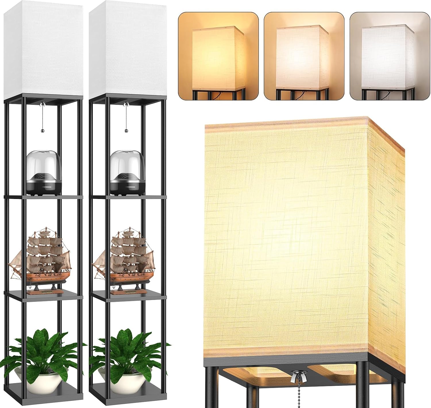 Floor Lamp with Shelves for Living Room 2 Pack, Shelf Floor Lamp with 3 CCT LED Bulb, Corner Display Standing Column Lamp Etagere…