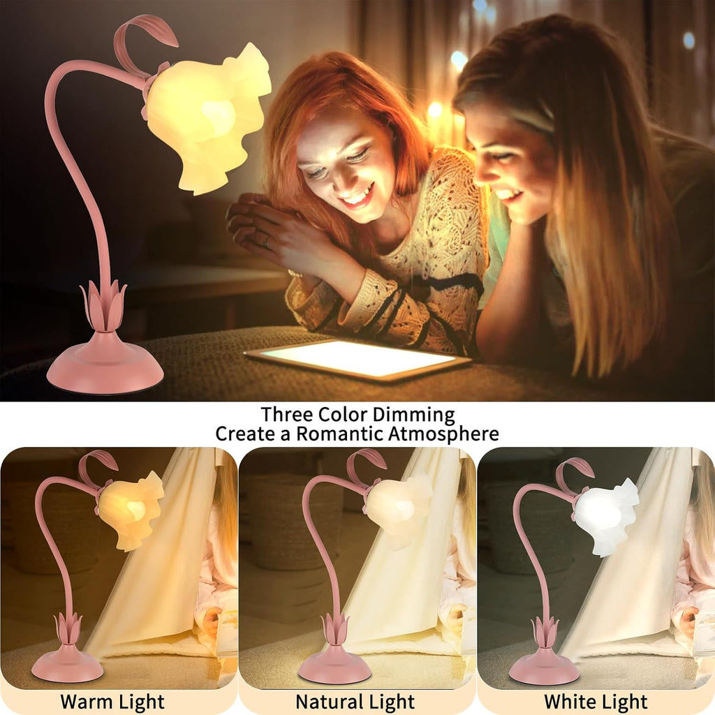 Cute Flower Desk Lamp, 3 Color Temperature Table Lamps with LED Bulb, Vintage Bedside Lamp, Reading Lamps with Soft Light for Bedroom…