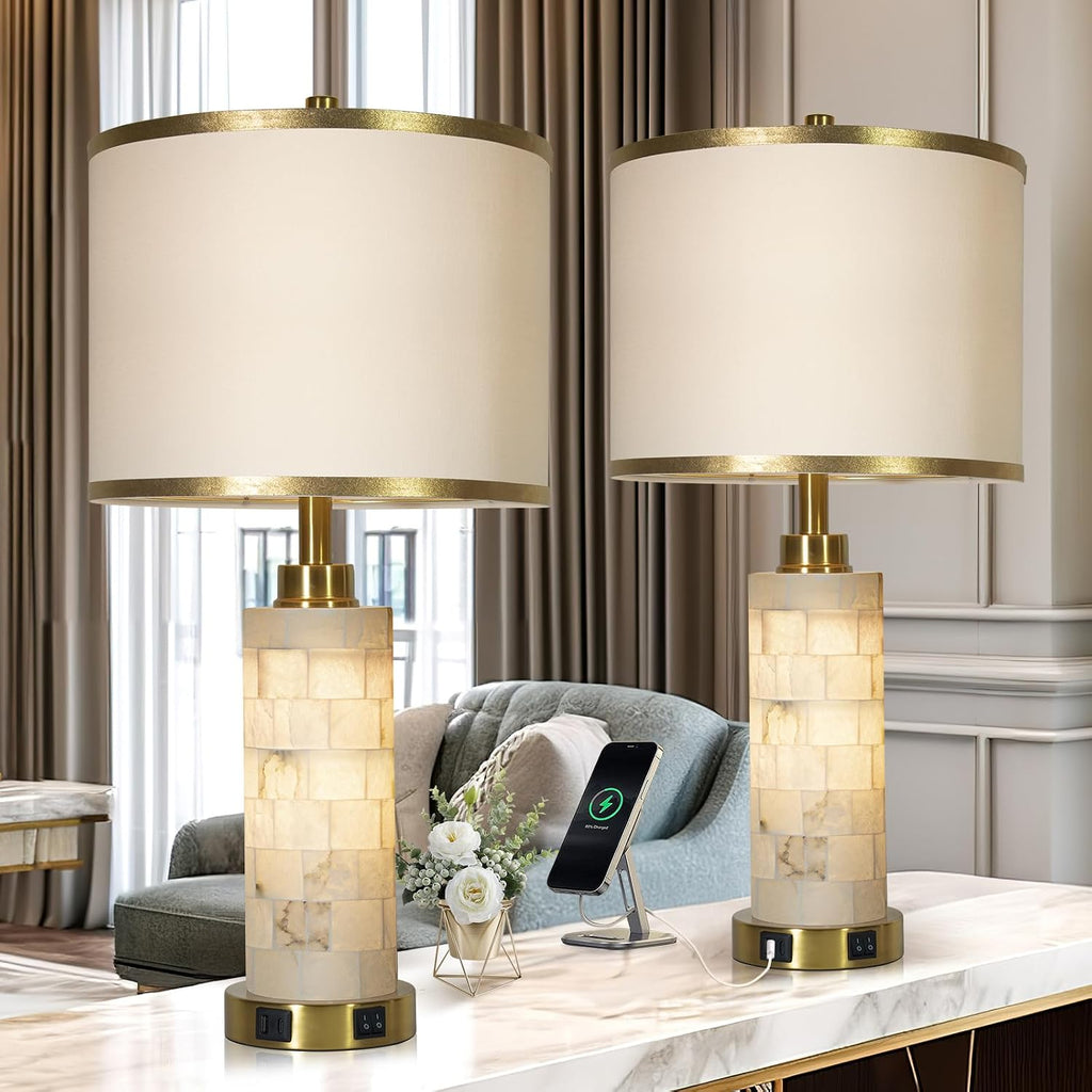 KIVDITZO 27" Alabaster Table Lamps Set of 2, Lamps for Living Room Bedroom, Bedside Lamps with Night Light, Nightstand Lamp with USB A+C…
