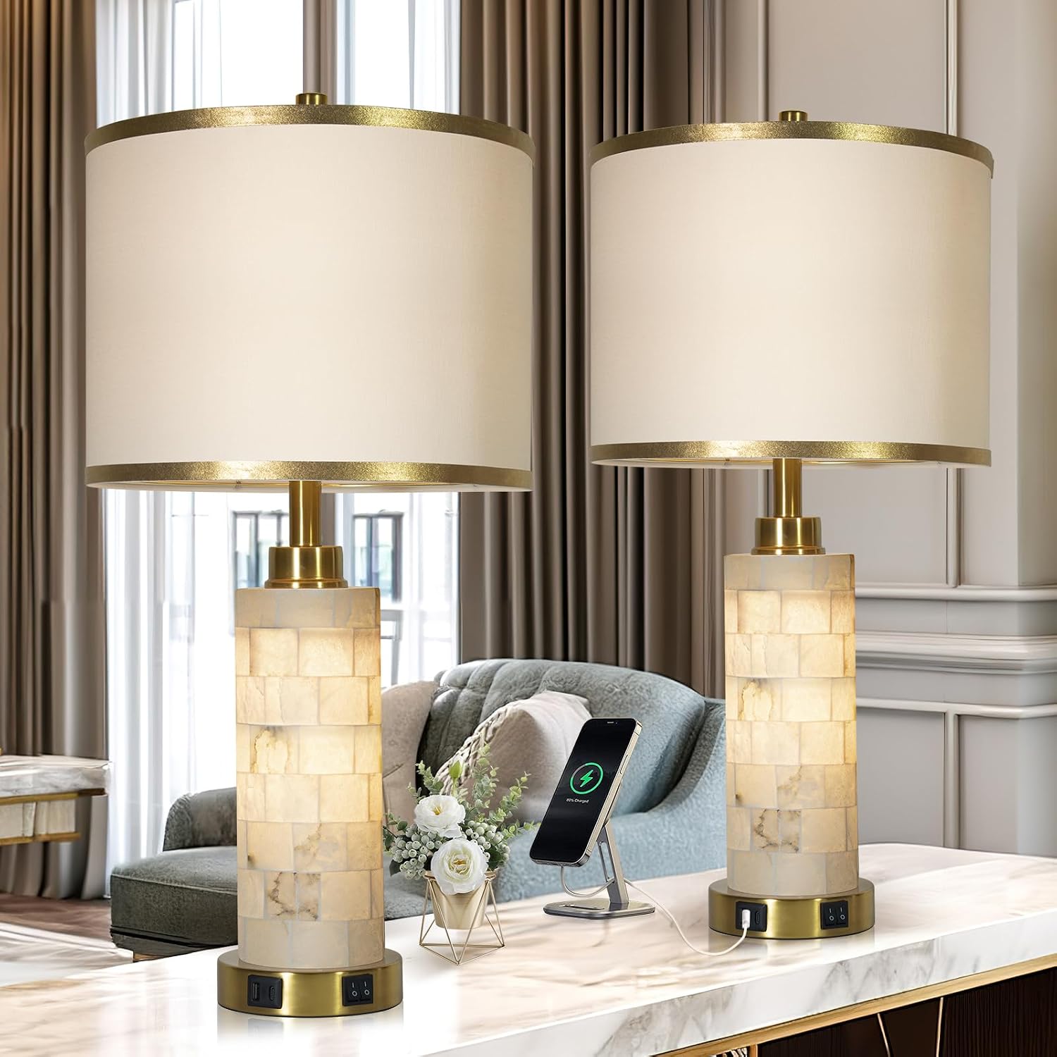 KIVDITZO 27" Alabaster Table Lamps Set of 2, Lamps for Living Room Bedroom, Bedside Lamps with Night Light, Nightstand Lamp with USB A+C…
