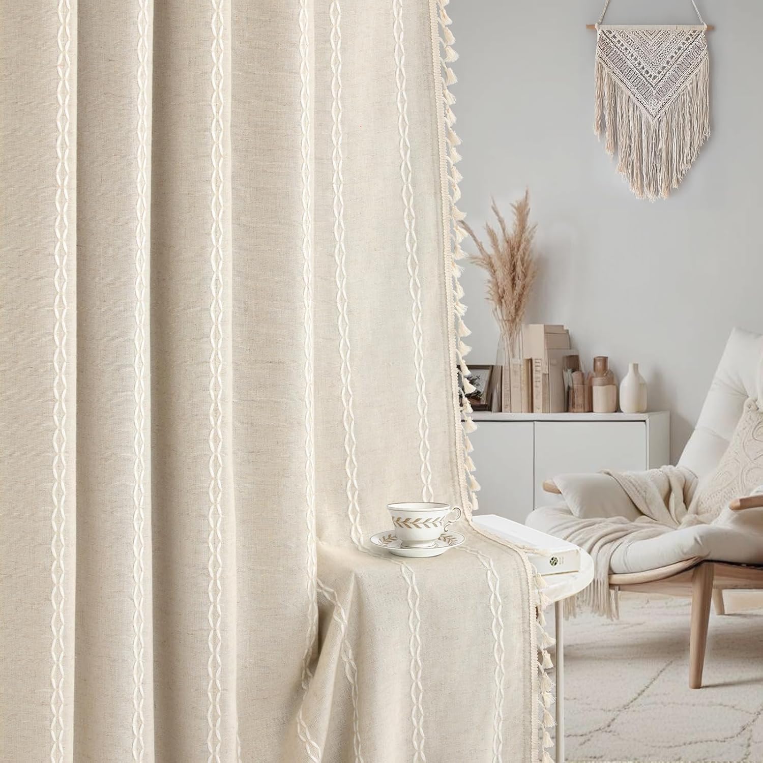 XOGUIBO Boho Blackout Curtains 2 Panels 84 Inch for Living Room Bedroom, Beige Linen Texture Farmhouse Curtains with Tassels and Cot…