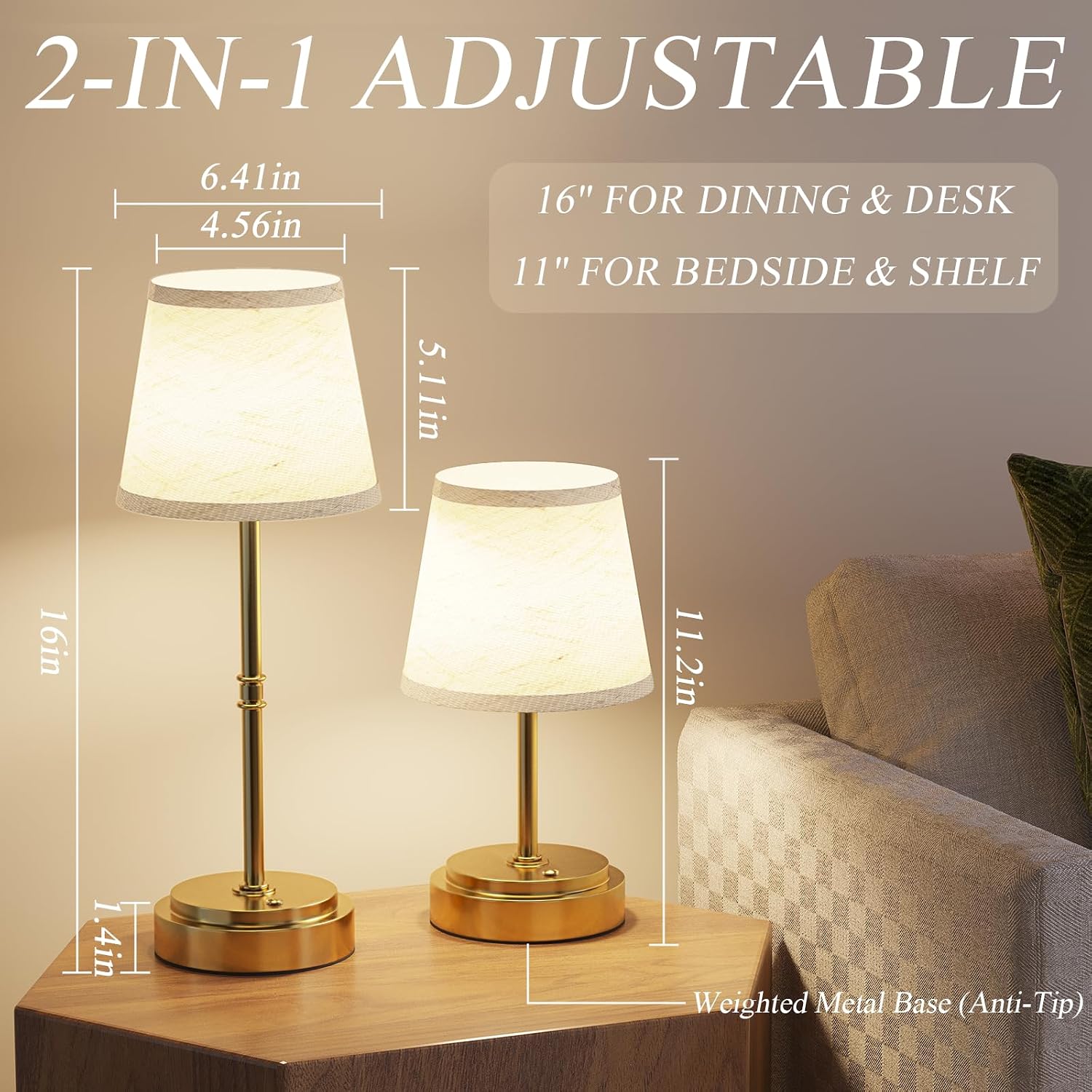 Rechargeable Cordless Table Lamp Gold - 1 Pack Brass 7500mAh Battery Operated Lamp, Small Antique Brass Aesthetic Desk Lamp for Kitchen…