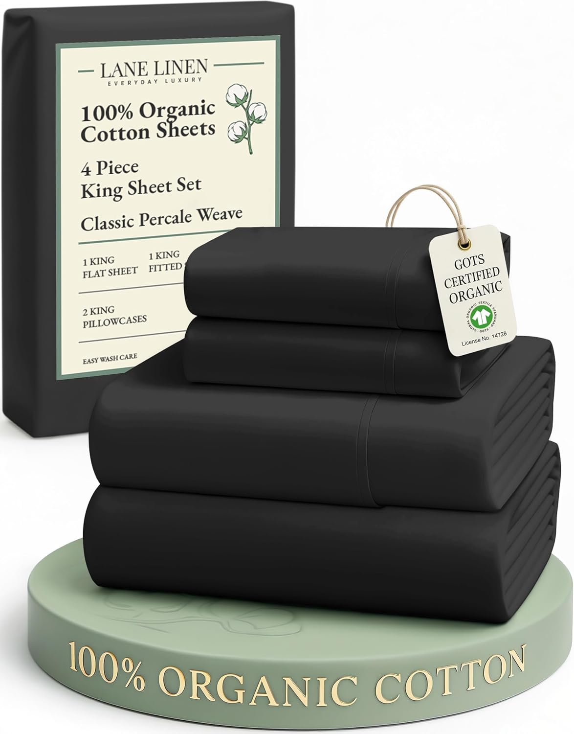 LaneLinen LANE LINEN 100% Organic Cotton Bed Sheets King Size, Soft & Comfy Fully Elasticized Percale Bedding Sheets & Pillowcase Set, Low…