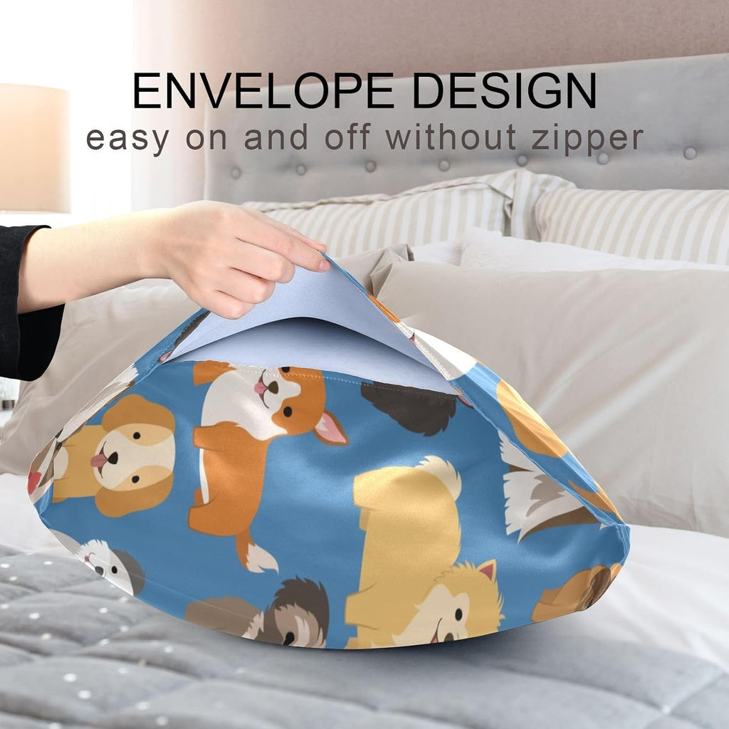 Dogs Cute Blue Print Pillow Covers Silk Pillowcase for Hair and Skin Soft Breathable Smooth Cooling Satin Pillowcase Standard Size Pillow…