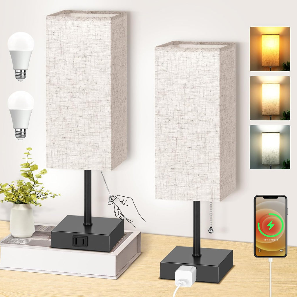 Table Lamp for Bedroom Set of 2, Bedside Lamps with 3 Color Temperatures Night Light, Lamp for Night Stands with AC Outlet and Square…