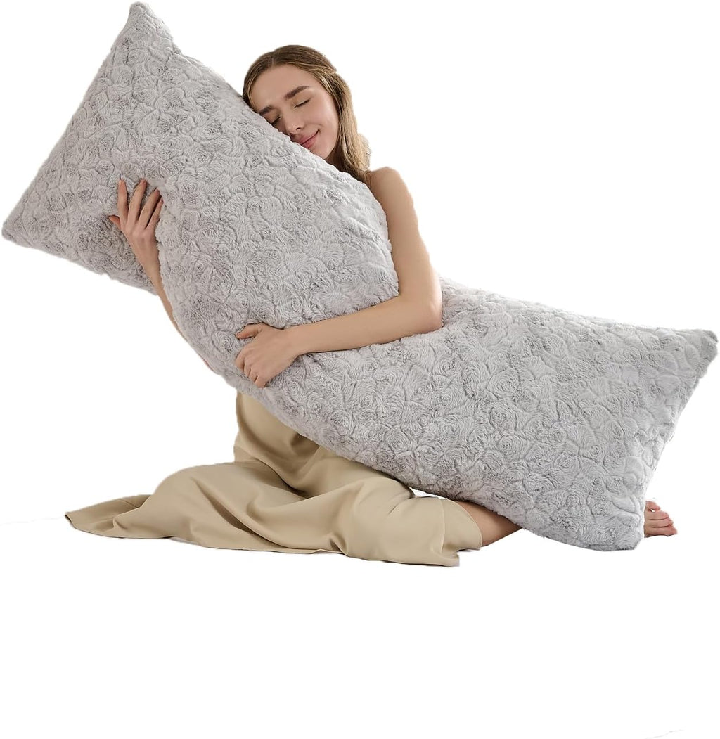 HKMR Fluffy Faux Rabbit Fur Body Pillow, Memory Foam Pregnancy Pillow for Side Sleep Body Pillow,20x54 Long Pillow for Adults-Light G…