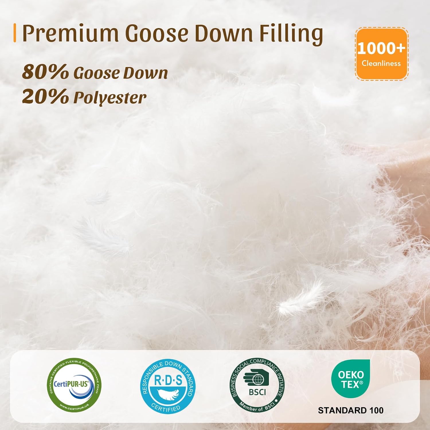 Goose Down Pillow Queen Size Set of 2, 1250+ Fill Power, 600 Thread Count Cotton Shell, for Side, Back(White, Queen(Pack of 1))