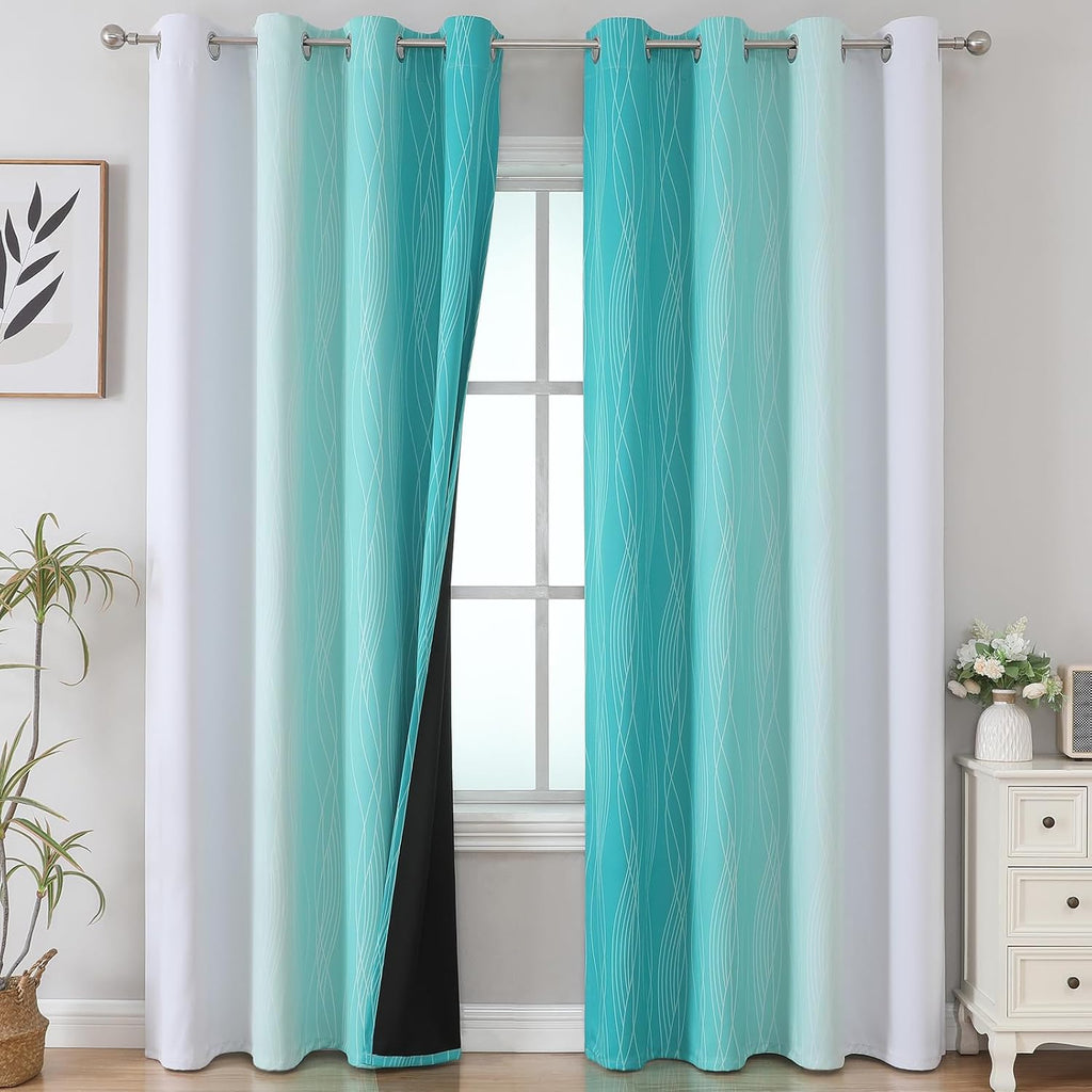 Estelartextiler Estelar Textiler Teal and Greyish White Ombre Blackout Curtains 90 Inch Length 2 Panels Set, Thermal Insulated Drapes for B…