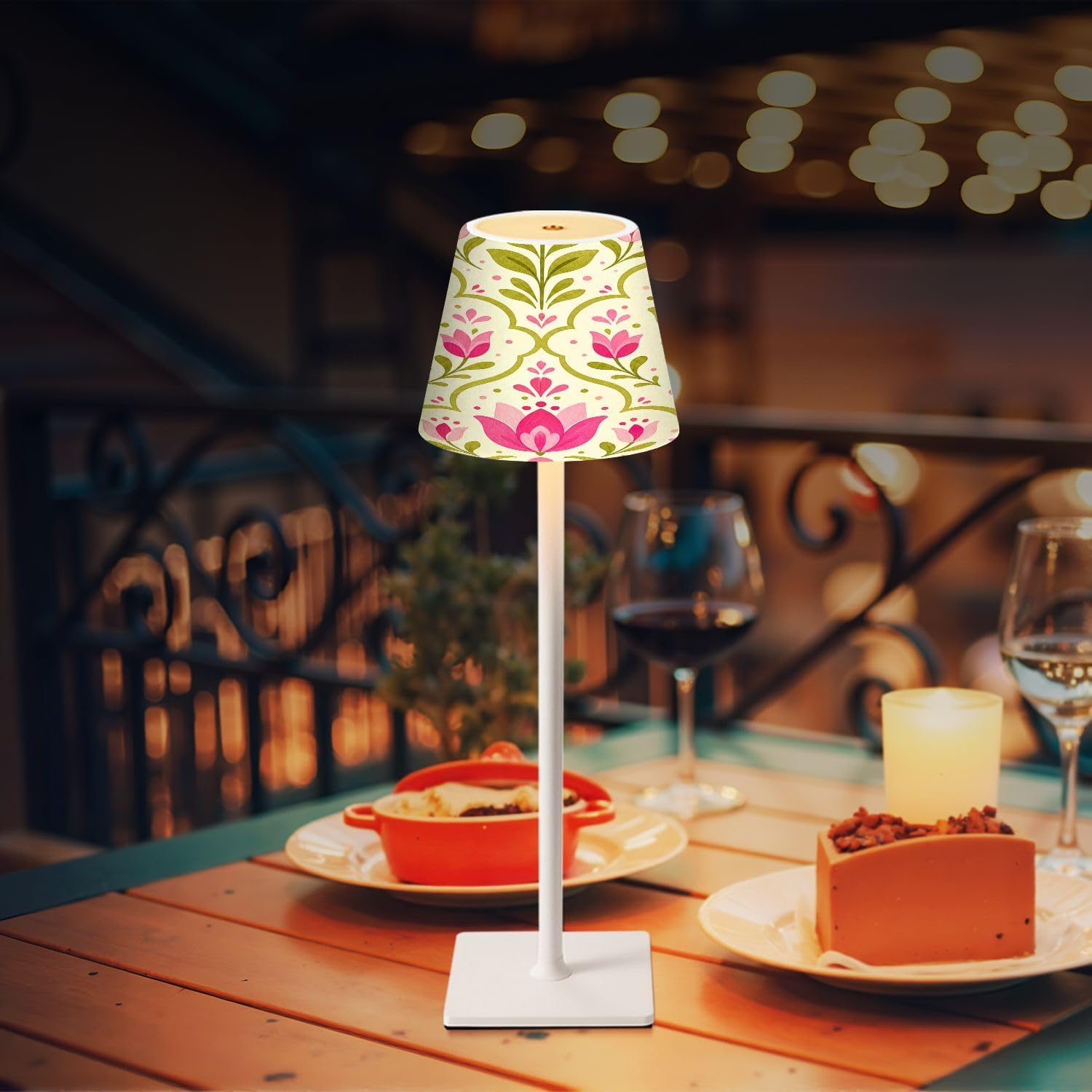Cordless Mahjong Lamp Pink Floral Tulip Stylized Blossoms Green Leaves Cream Small LED Lamp 3 Color Dimmable Rechargeable Lamps for Mah…