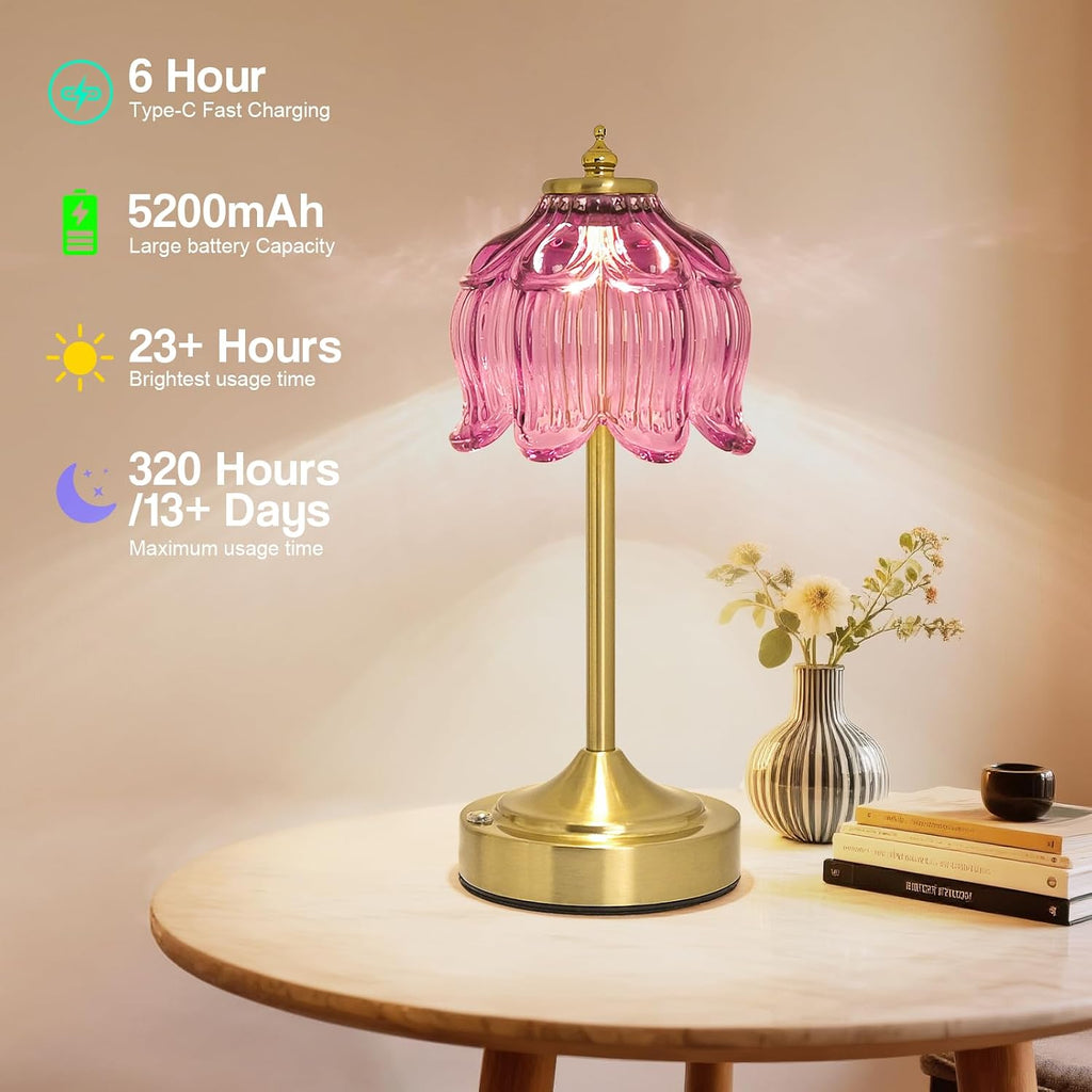 Crkwos Cordless Lotus Flower Table Lamp, 5200mAh Rechargeable Battery Operated Portable Lamp, 3-Color Dimmable Touch Control Small D…