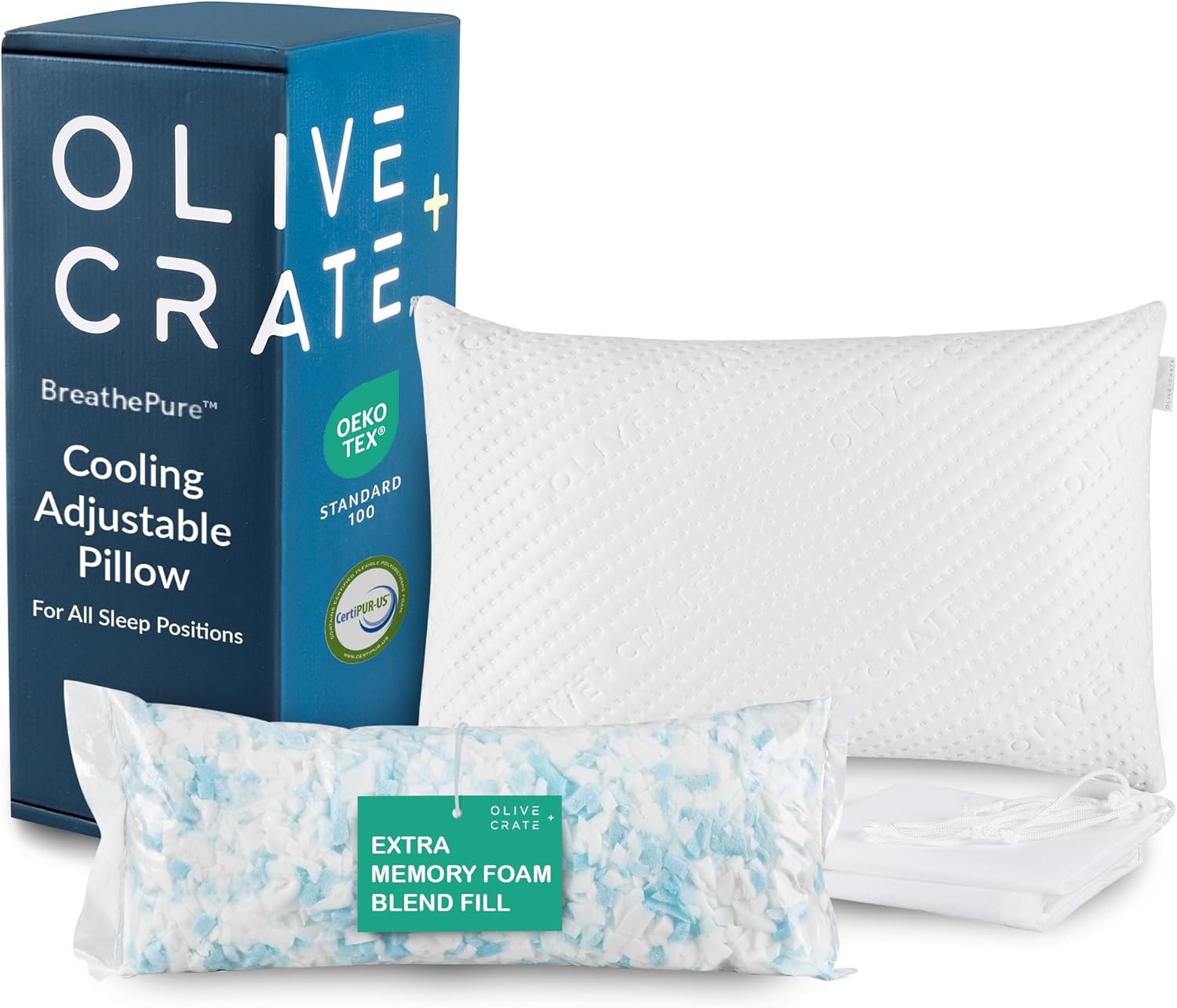 OliveCrate Olive + Crate BreathePureTM Adjustable Cooling Shredded Memory Foam Pillow - Breathable Bamboo Viscose Cover for Temperature Cont…
