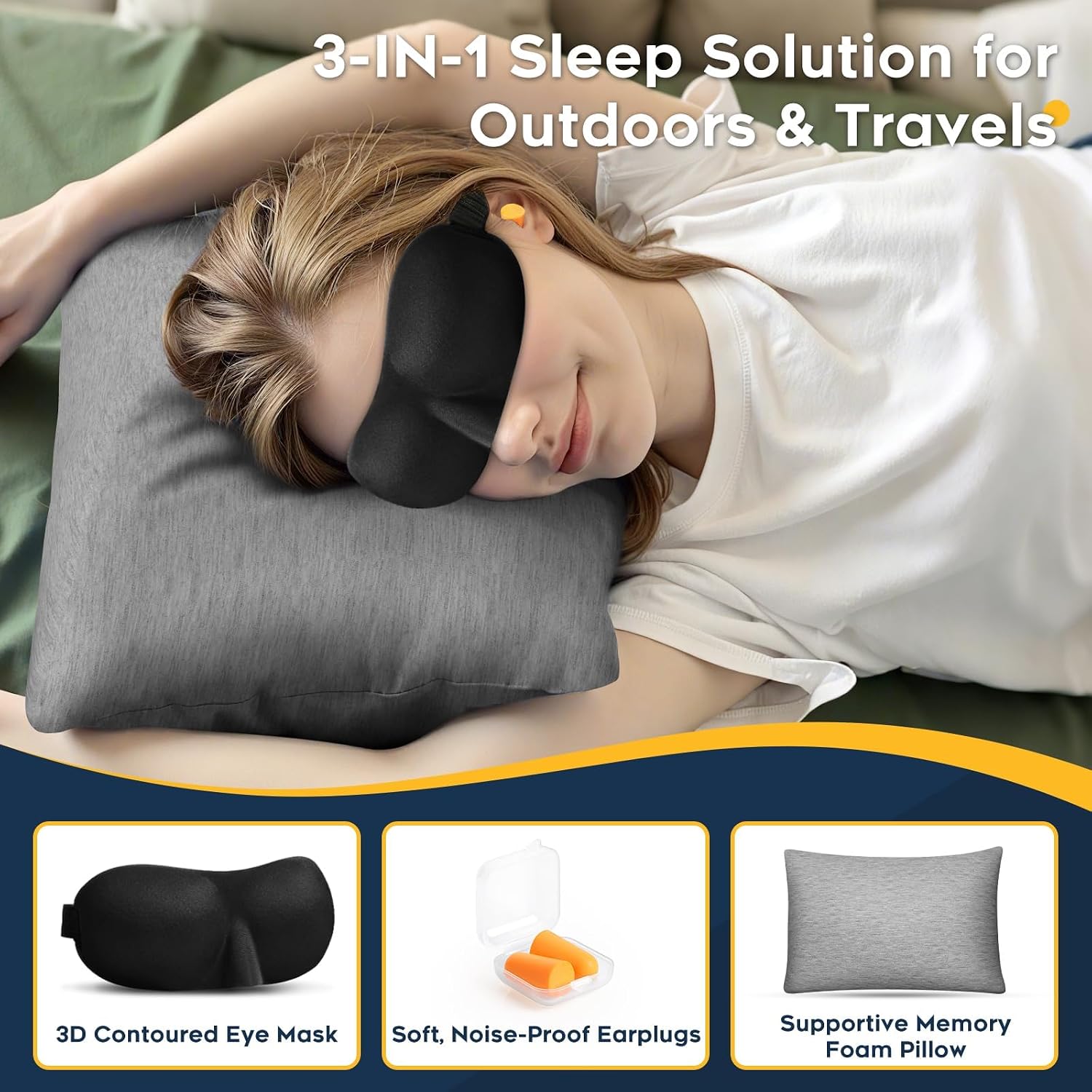 CushyOasis All-in-1 Camping Pillow Set - Shredded Memory Foam Neck Pillow Travel Pillow with Eye Mask, Earplugs, Washable Cover, Compact…