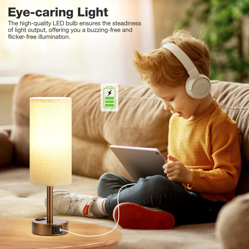 Fenmzee Brown Bedside Table Lamp for Bedroom - 3 Way Dimmable Touch Lamp USB C Charging Ports and AC Outlet, Small Lamp Round Flaxen…