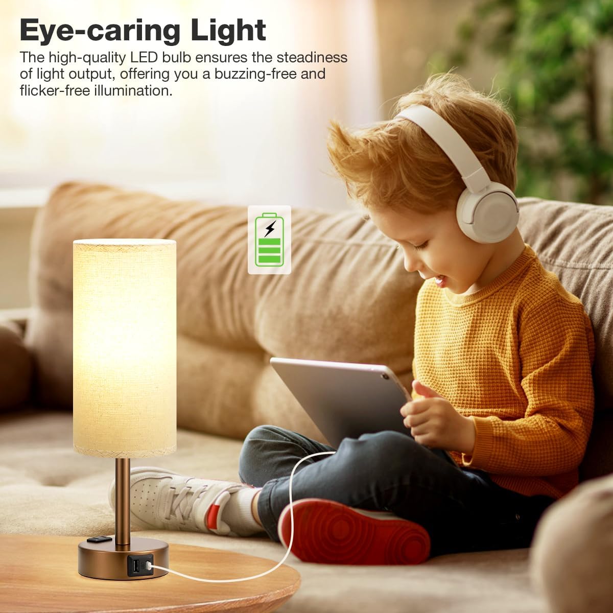 Fenmzee Brown Bedside Table Lamp for Bedroom - 3 Way Dimmable Touch Lamp USB C Charging Ports and AC Outlet, Small Lamp Round Flaxen…