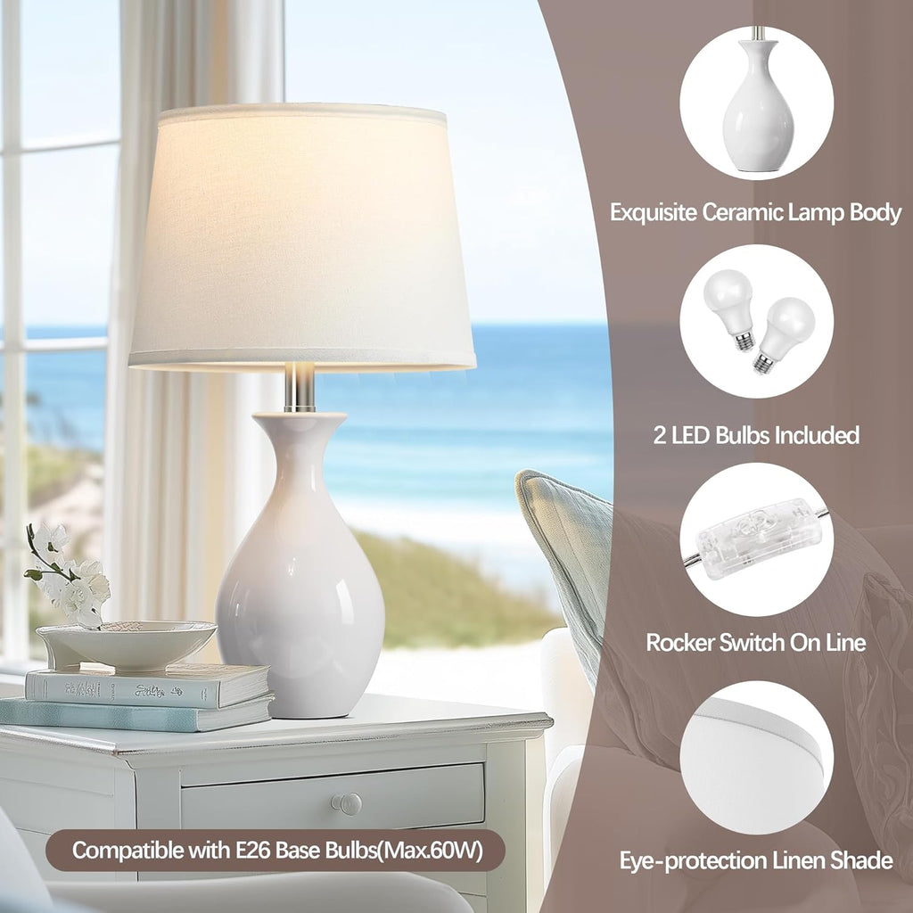 PARTPHONER Table Lamp Set of 2, Modern Ceramic Bedside Lamps for Night Stands, Classic Small Lamp Nightstand Lamp for Bedroom Living Room…