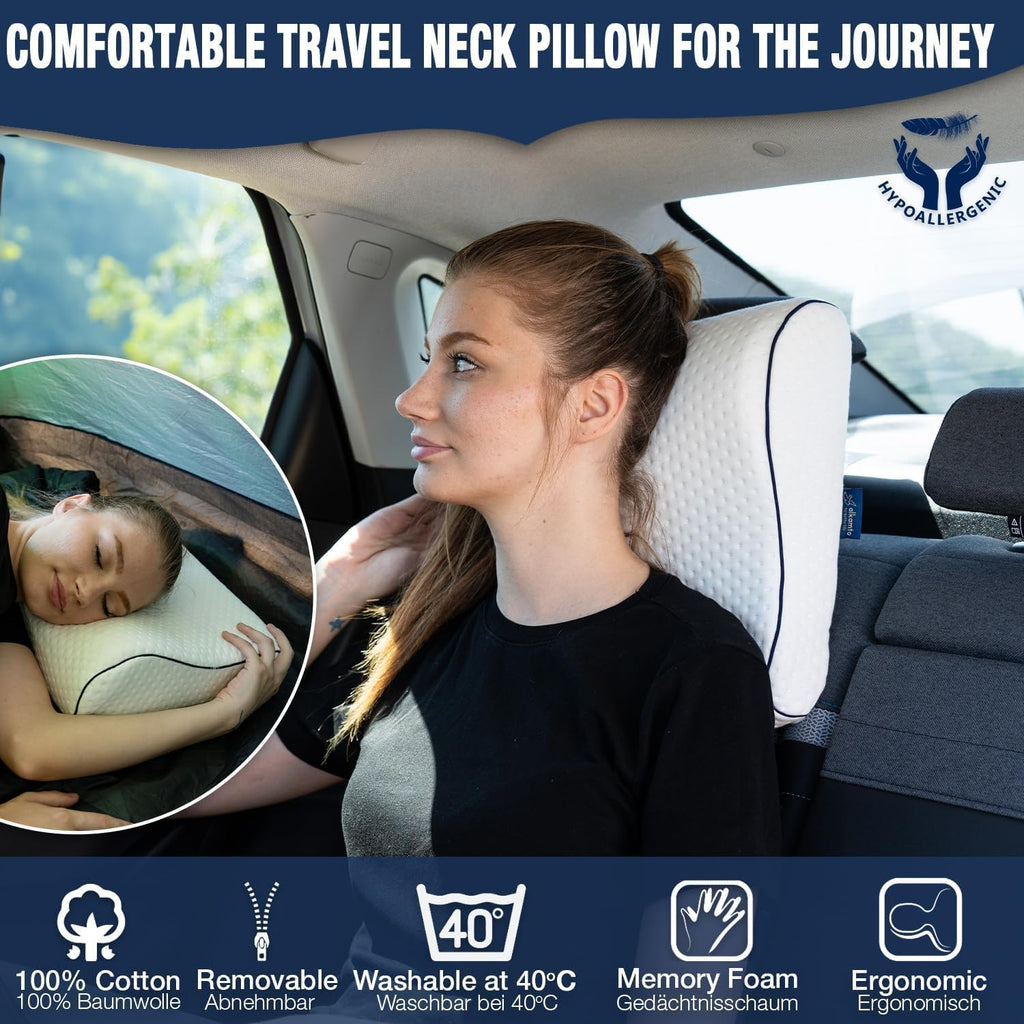 alkamto Travel & Camping Comfortable Memory Foam Pillow – Easy to Carry Portable Bag – Temperature Regulating Pillow Case (White Contour)