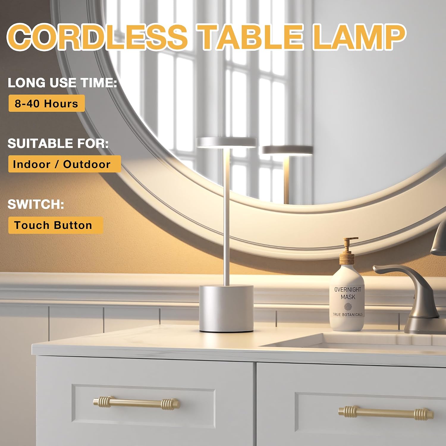 Kakanuo Silver Gray Cordless Lamp Set, Rechargeable Lamp, 3 Color Temperature, LED Outdoor Wireless Lamps, Battery Operated Lamps…