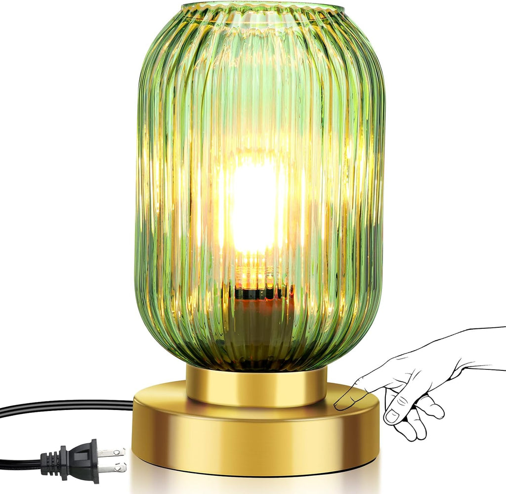 Mid Century Modern Table Lamp, Touch Control & 3 Way Dimmable, Green Ribbed Glass Shade, Small Gold, Vintage Bedside Lamp for Bedroom…