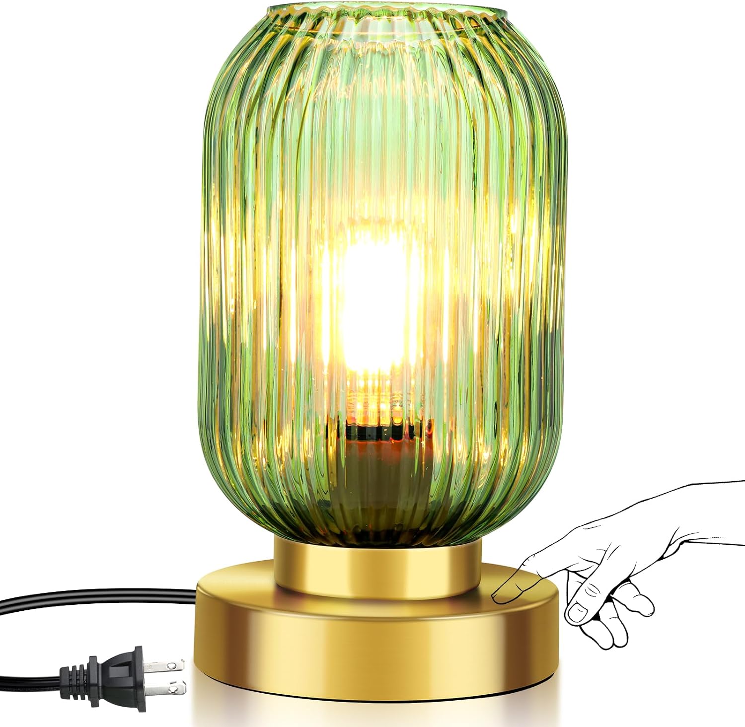 Mid Century Modern Table Lamp, Touch Control & 3 Way Dimmable, Green Ribbed Glass Shade, Small Gold, Vintage Bedside Lamp for Bedroom…