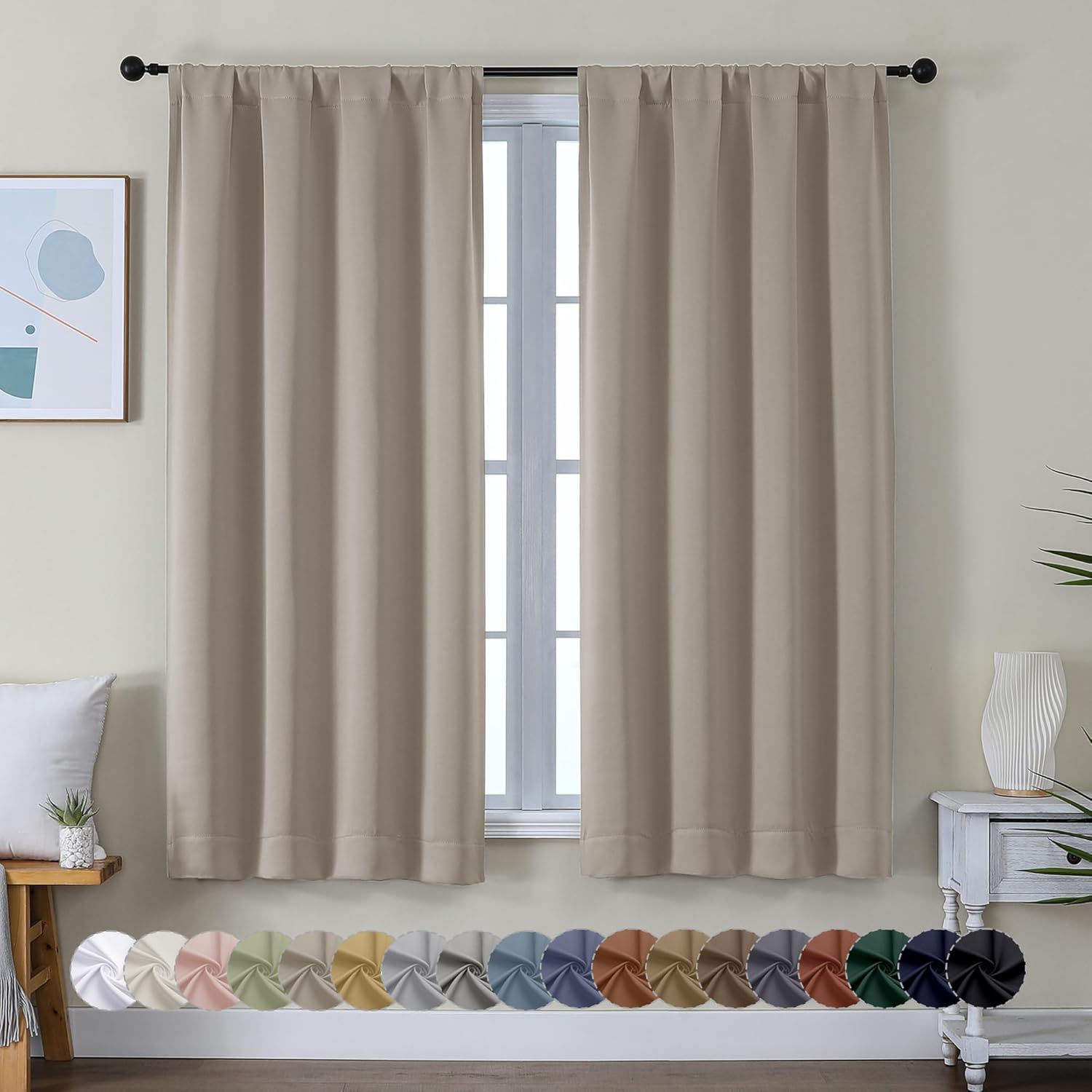 Simplebrand Ava Stone Blackout Curtains for Bedroom 63 Inch Length 2 Panels Set, Solid Thermal Insulated Energy Saving Rod Pocket Window Tr…