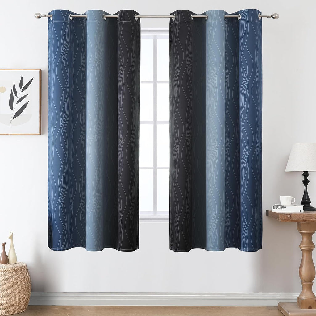 Estelartextiler Estelar Textiler Navy Blue and Black Ombre Blackout Curtains 63 Inches Long, Full Room Darkening Grommet Curtains for Bedro…