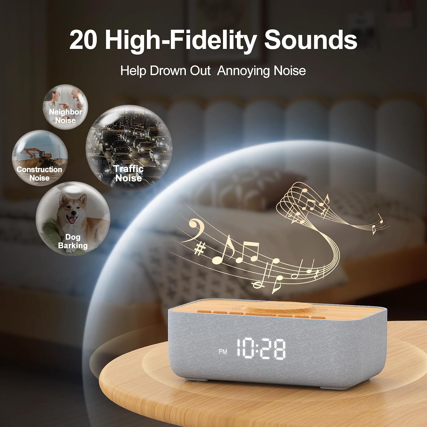 REACHER 15W Fast Magnetic Wireless Charging Alarm Clock with White Noise Machine, Woodgrain Style, 20 High‐Fidelity Sounds, Gradual Wake…