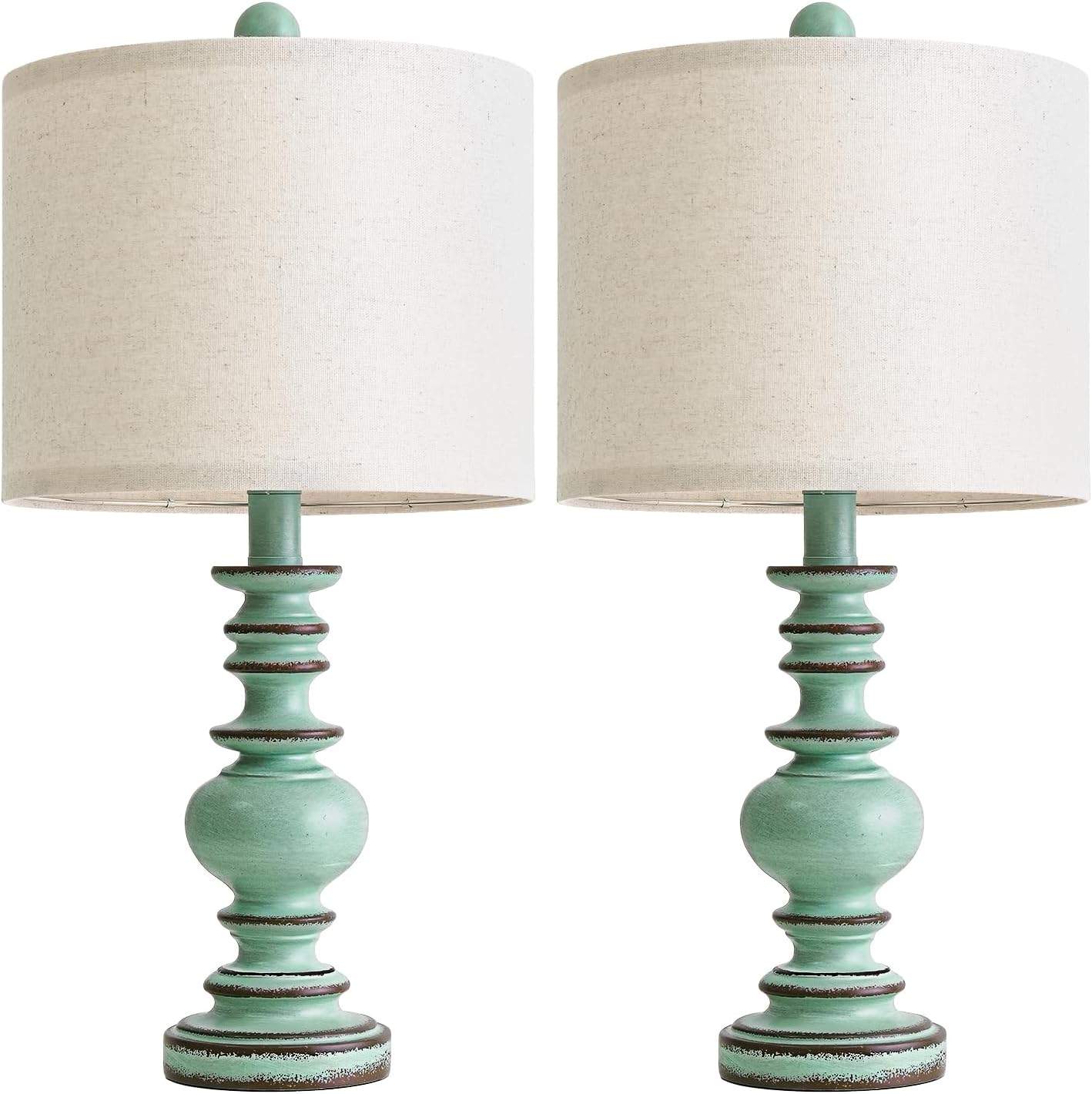BOBOMOMO 20" Distressed Teal Bedside Lamps Set of 2, Hand-Painted Vintage Resin Lamps with Linen Shades, Cottage Farmhouse Lamp for…