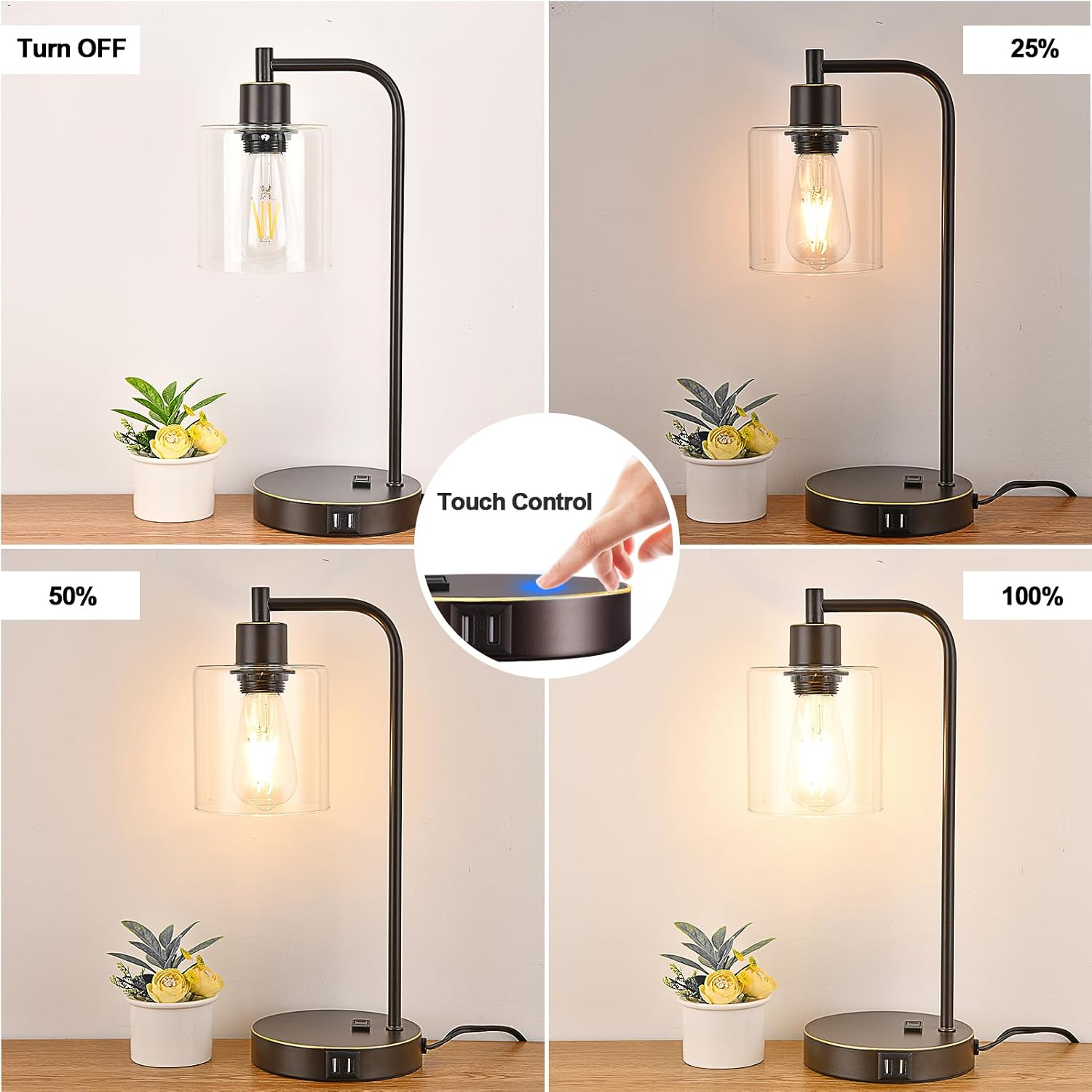 Industrial Touch Table Lamps Set of 2 - Bedside Lamps with 2 USB Ports & AC Outlet, 3-Way Dimmable Nightstand Desk Lamp for Bedroom…