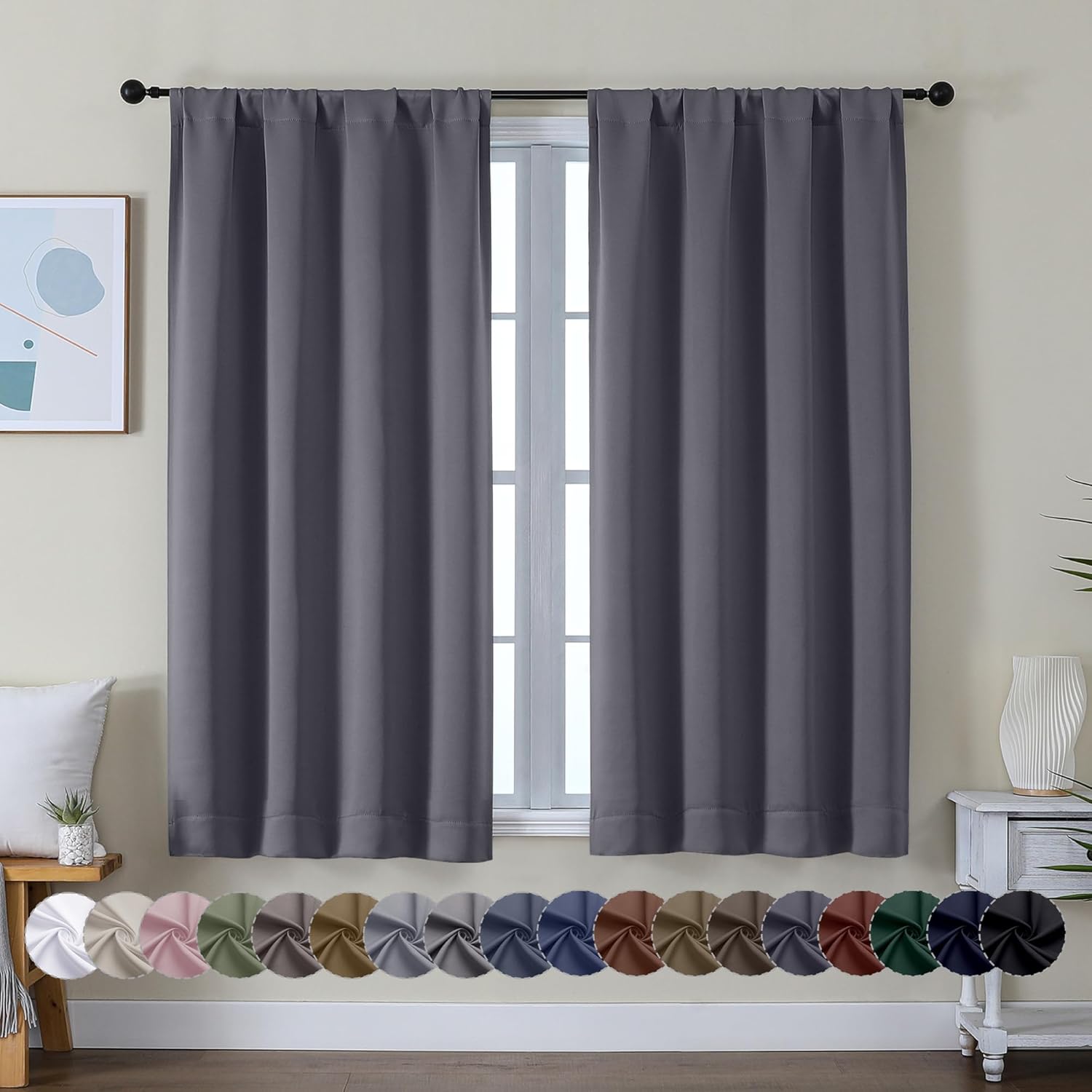 Simplebrand Ava Grey Short Blackout Curtains for Bedroom 45 Inches Long 2 Panels Set, Solid Thermal Insulated, Energy Saving Window Treatme…