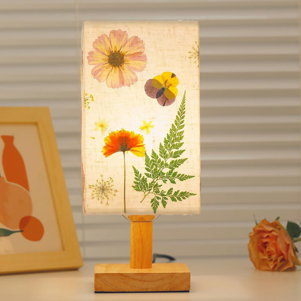Dried Flowers Table Lamp 5W LED 3Color Temperatures Pressed Flower Bedside Lamp Square Linen Shade with Wood Base for Bedroom Living Room