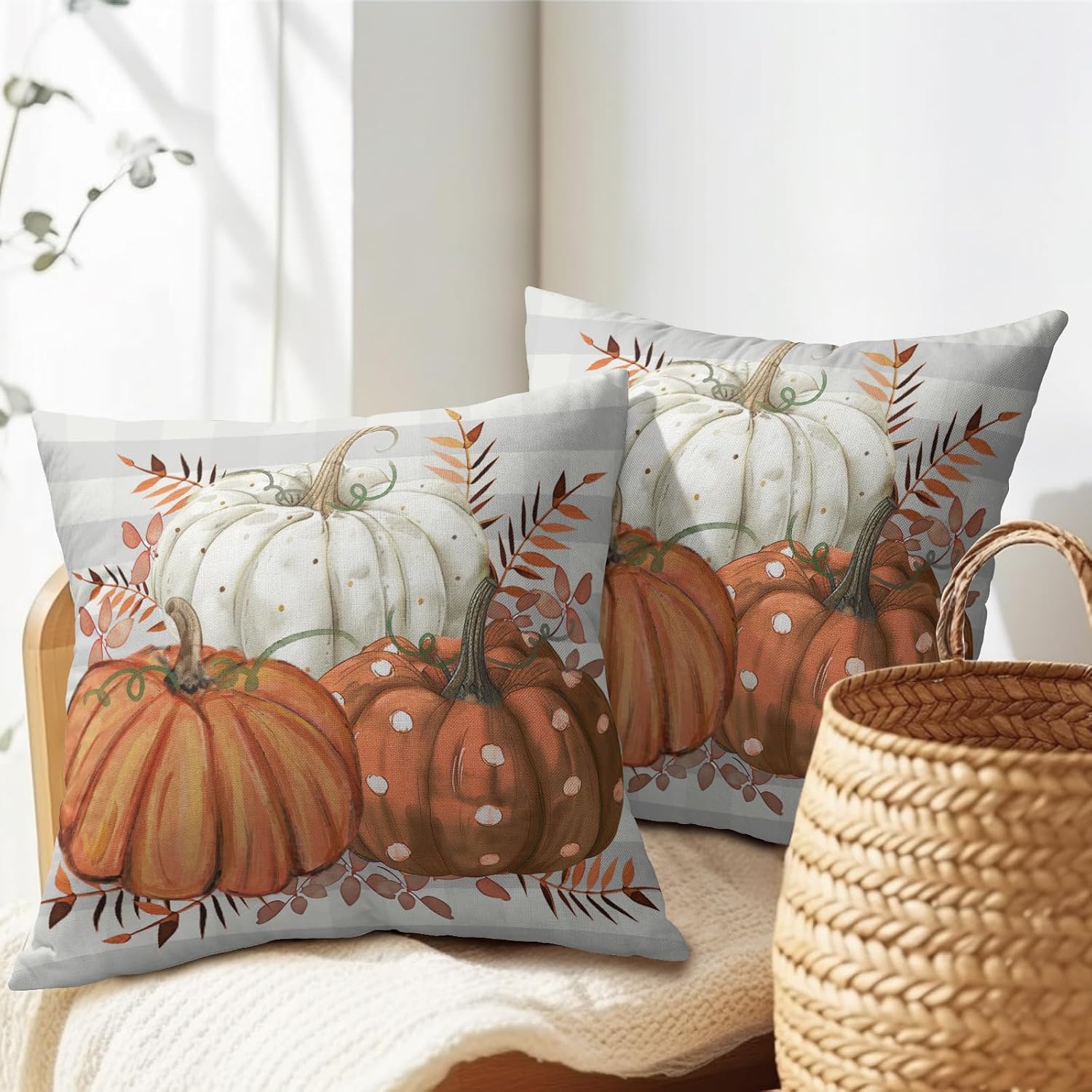Fall Pumpkins Outdoor Pillows 18x18 Inch Set of 2 Autumn Harvest Pumpkin Pillowcase Buffalo Plaid Maple Leaves Decorative Throw Cushion…