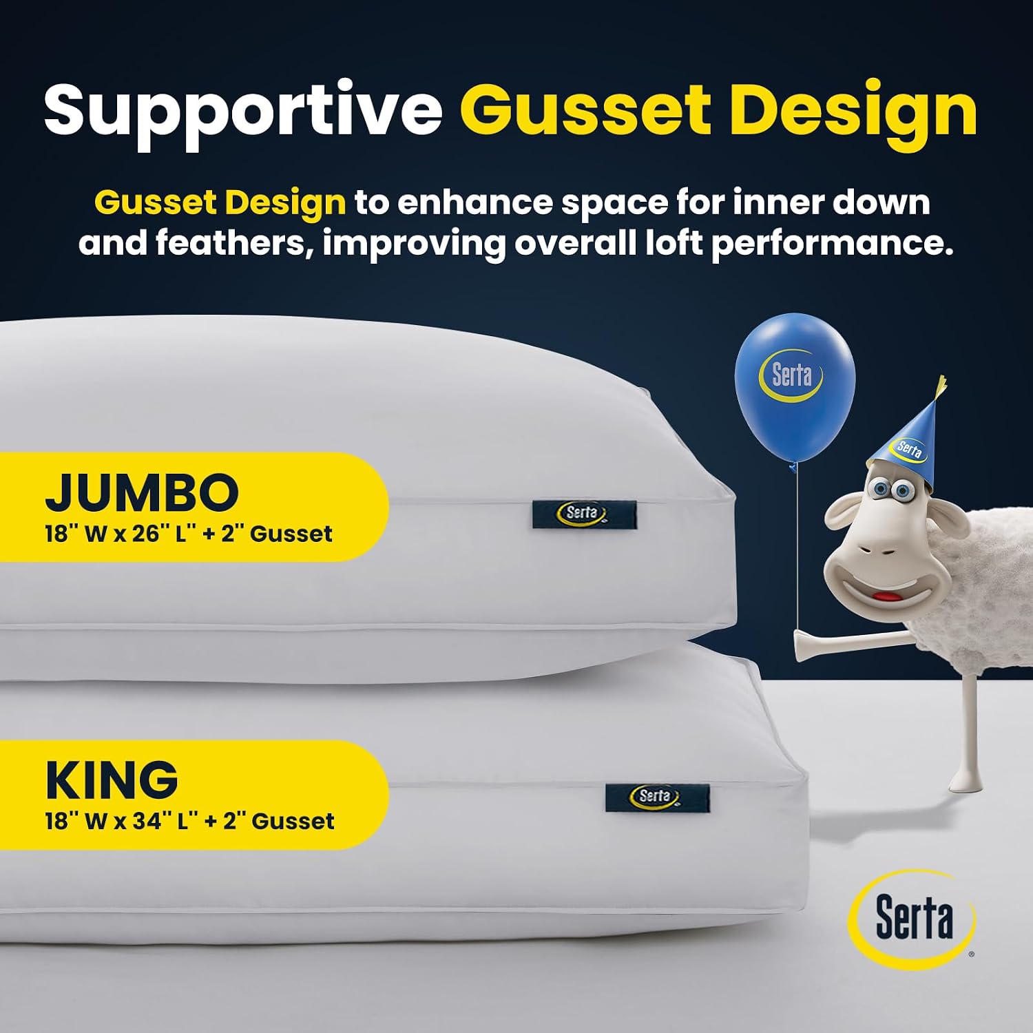 Serta Hotel Collection Pillows Queen Size Set of 2 White Goose Feather Down Fiber Gusseted 100% Cotton Pillow for Back, Stomach or Side Sle…
