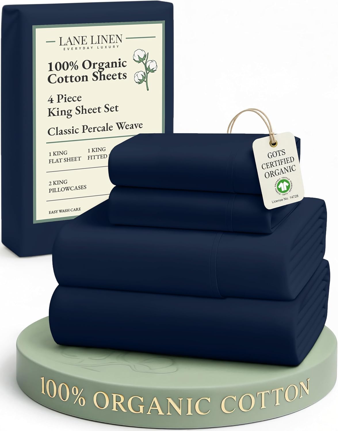 LaneLinen LANE LINEN 100% Organic Cotton Fully Elasticized King Sheet Set, Low Pilling Fade Resistant Machine Washable Naturally Cooling Ki…
