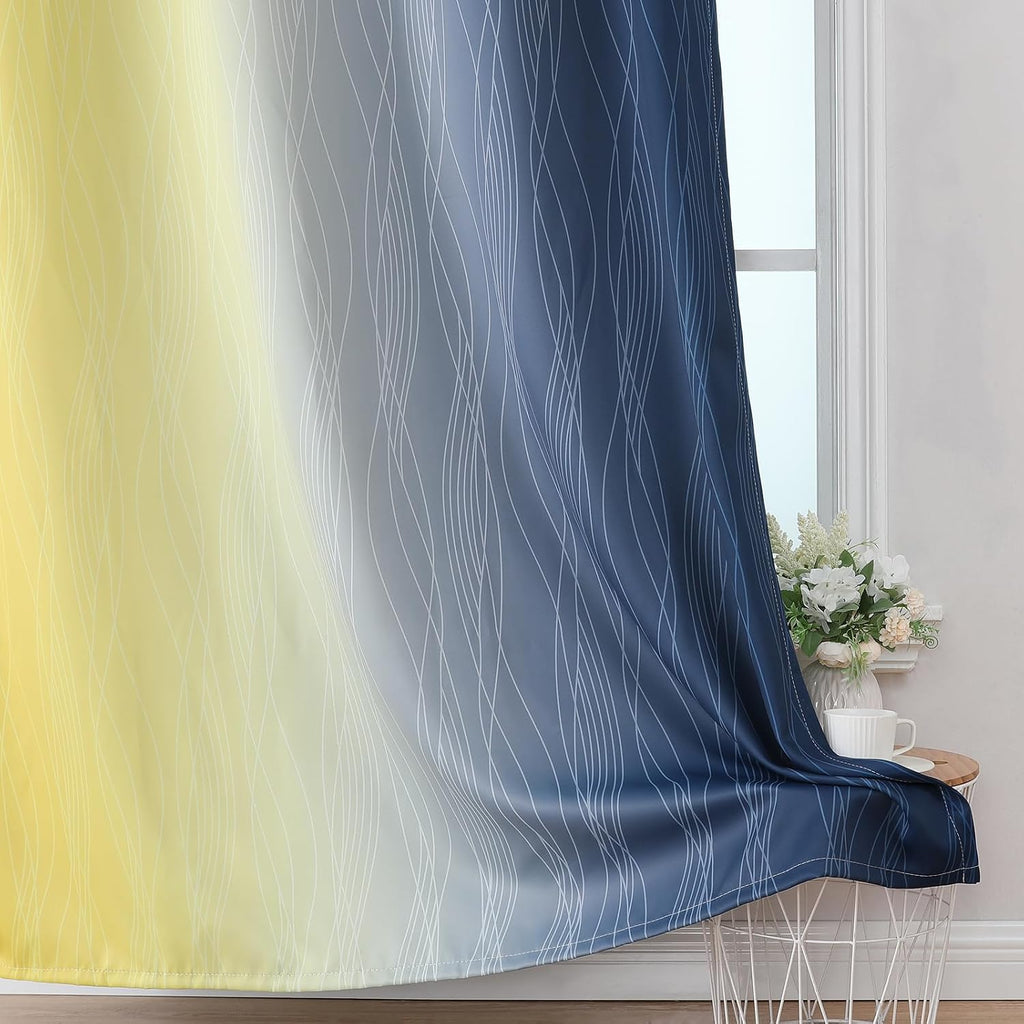 Estelartextiler Estelar Textiler Navy Blue and Yellow Blackout Curtains 54 Inch Length, Full Light Blocking Gradient Grommet Drapes for Liv…