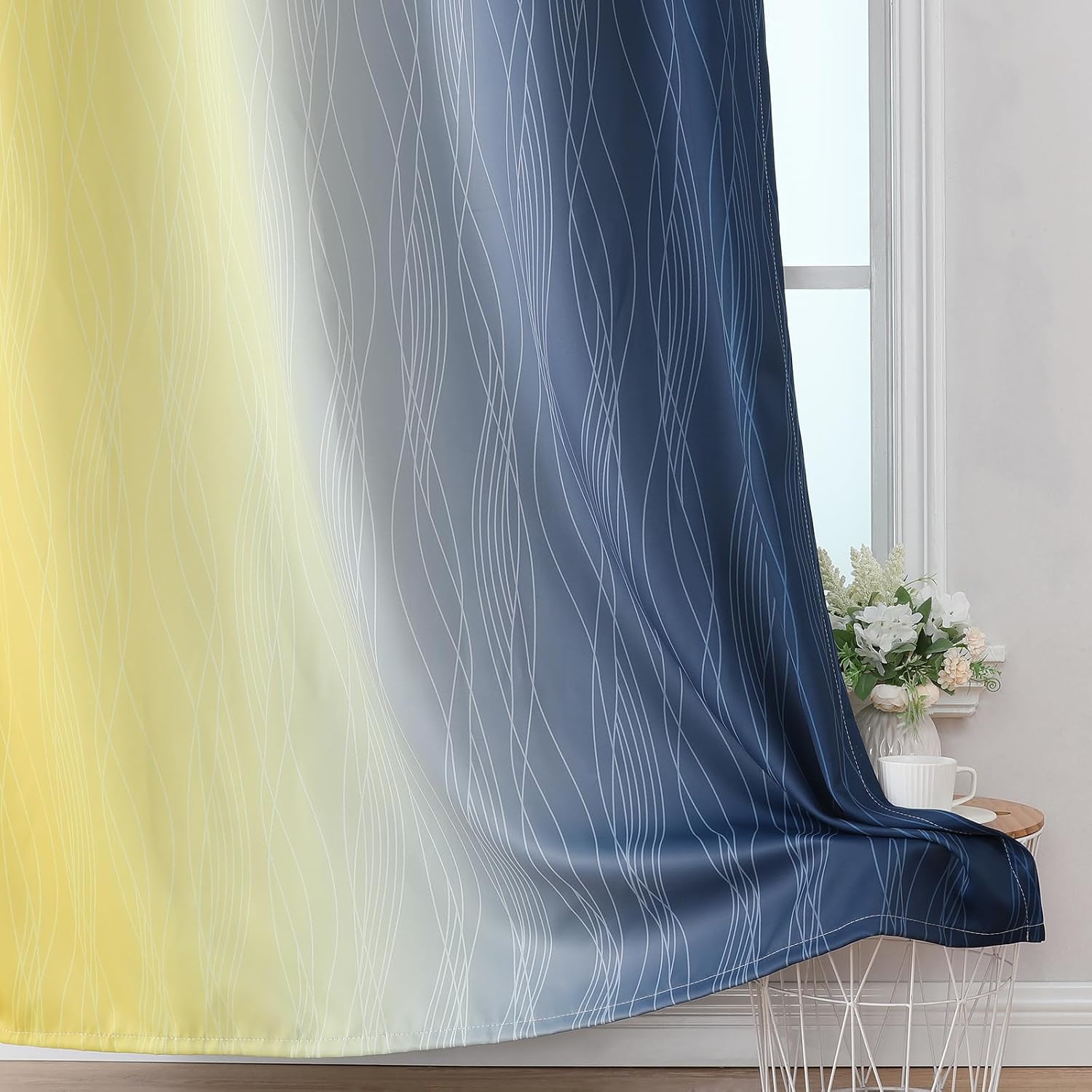 Estelartextiler Estelar Textiler Navy Blue and Yellow Ombre Blackout Curtains 90 Inches Long 2 Panels for Living Room, Thermal Insulated Dra…