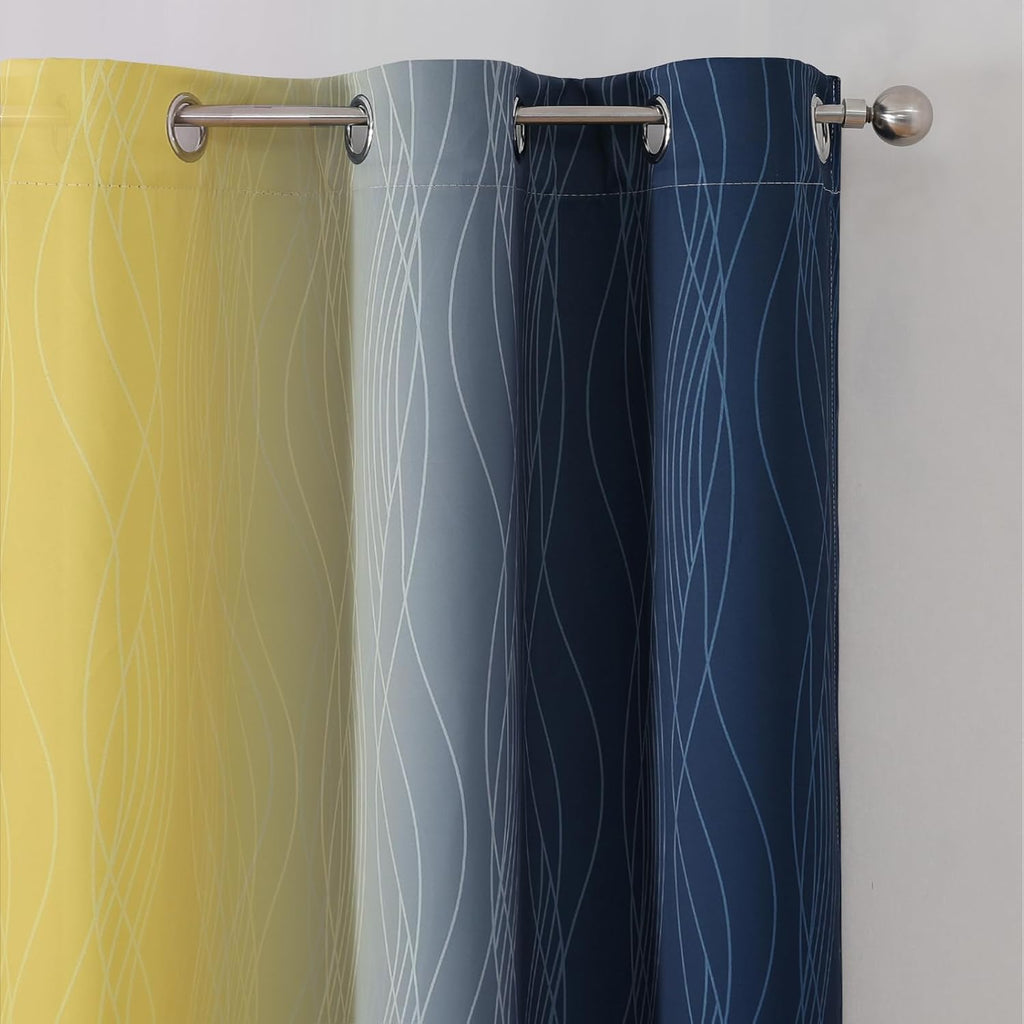 Estelartextiler Estelar Textiler Navy Blue and Yellow Ombre Blackout Curtains for Living Room, Full Room Darkening Grommet Curtains for Bed…