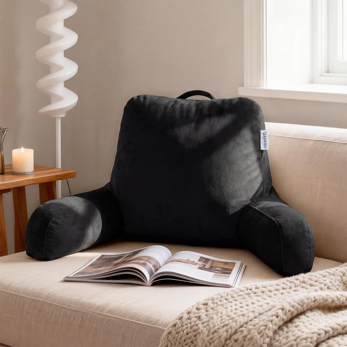 Reading Pillow with Adjustable Memory Foam, Adult Backrest with Arms, Back Pillow for Sitting in Bed with Washable Cover- Large, Black