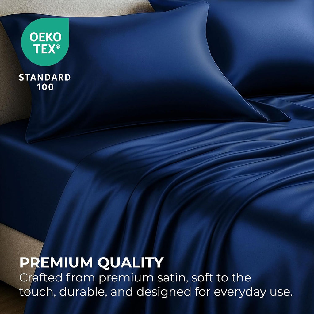 PureBedding Pure Bedding Satin Sheets King [4-Piece, Navy] Hotel Luxury Silky Bed Sheets Extra Soft 1800 Microfiber Sheet Set, Wrinkle, Fad…