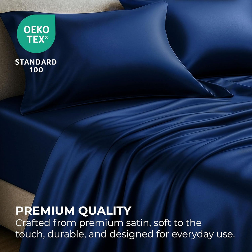 PureBedding Satin Sheets Queen [4-Piece, Navy] Hotel Luxury Silky Bed Sheets - Extra Soft 1800 Microfiber Sheet Set, Wrinkle, Fade, Stain R…