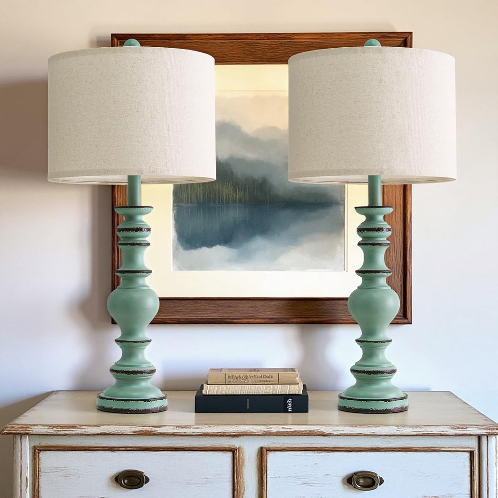 BOBOMOMO 27" Distressed Teal Table Lamps Set of 2, Large Coastal Farmhouse Resin Lamps with Linen Shades, Blue Green Lamps for Living…